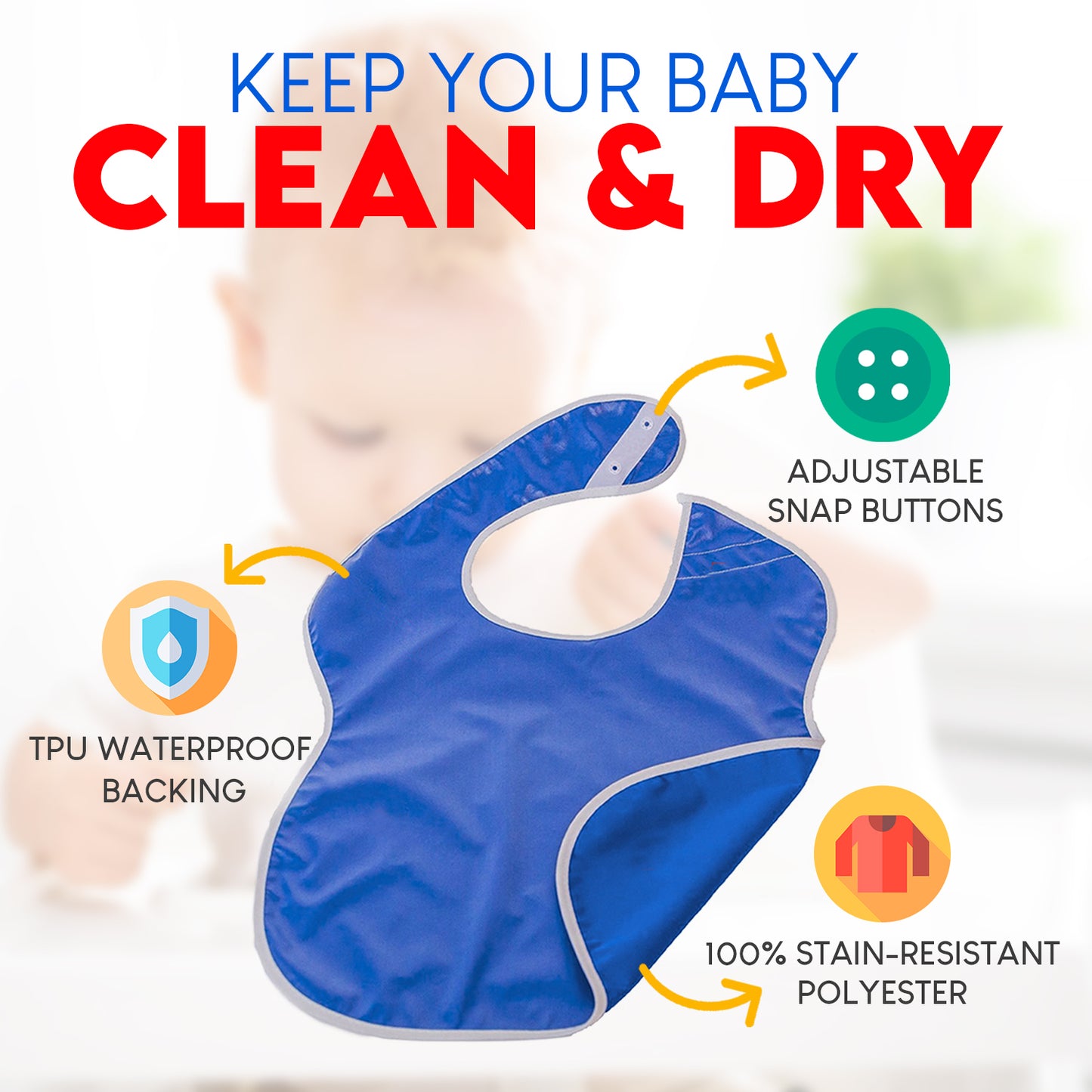 Large Waterproof Toddler Bibs with Snap Buttons - Primary Colors