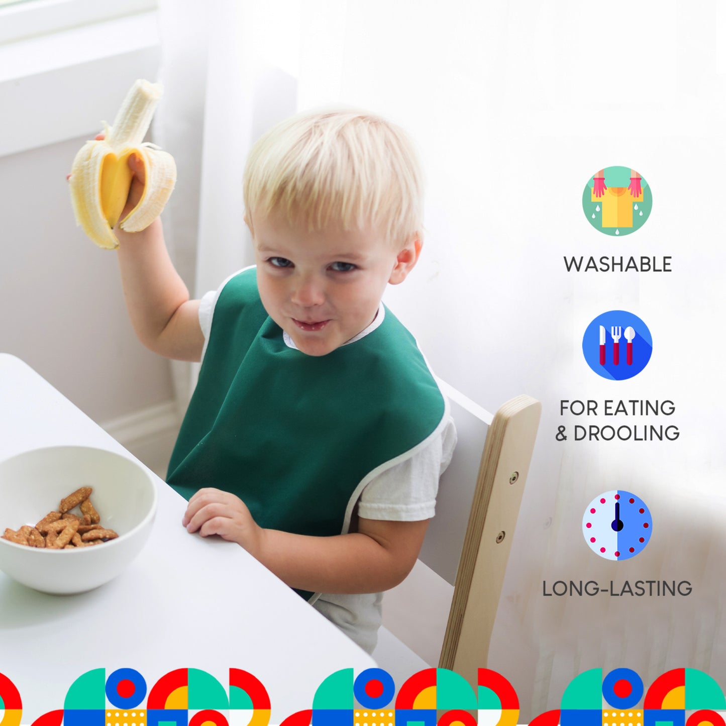 Large Waterproof Toddler Bibs with Snap Buttons - Primary Colors