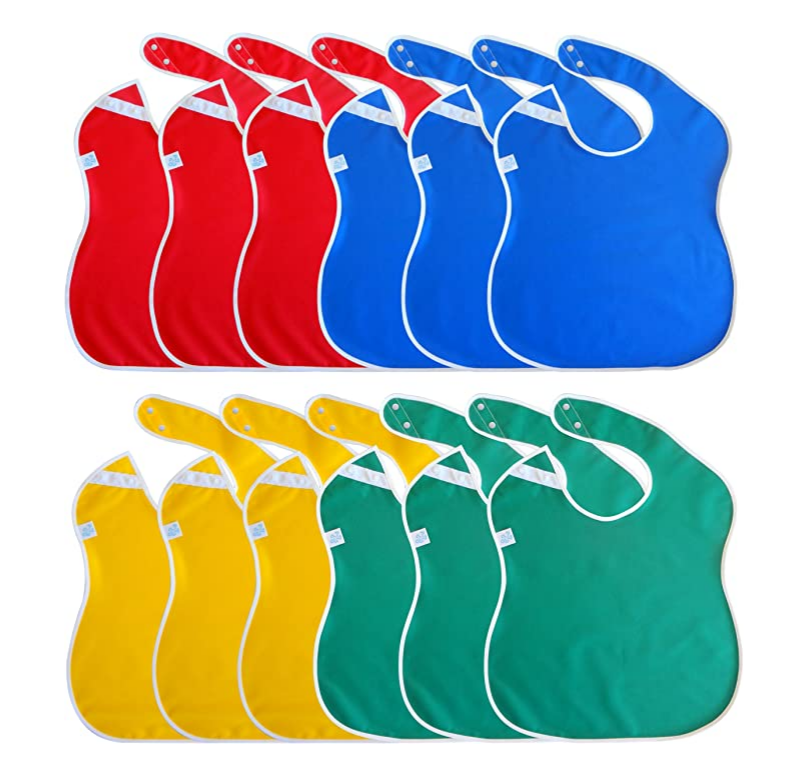 Large Waterproof Toddler Bibs with Snap Buttons - Primary Colors